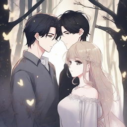 A spooky fantasy manhwa romance scene featuring a dark-haired man and a light-haired woman