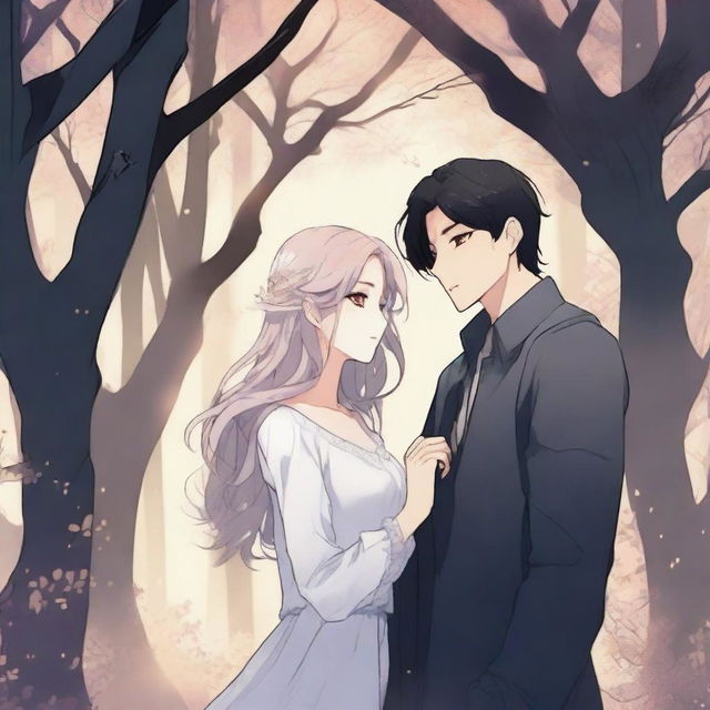 A spooky fantasy manhwa romance scene featuring a dark-haired man and a light-haired woman