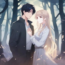 A spooky fantasy manhwa romance scene featuring a dark-haired man and a light-haired woman