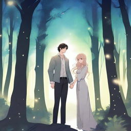 A cool fantasy manhwa romance scene featuring a dark-haired man and a light-haired woman