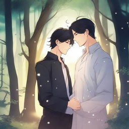 A cool fantasy manhwa romance scene featuring a dark-haired man and a light-haired woman