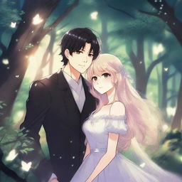 A cool fantasy manhwa romance scene featuring a dark-haired man and a light-haired woman