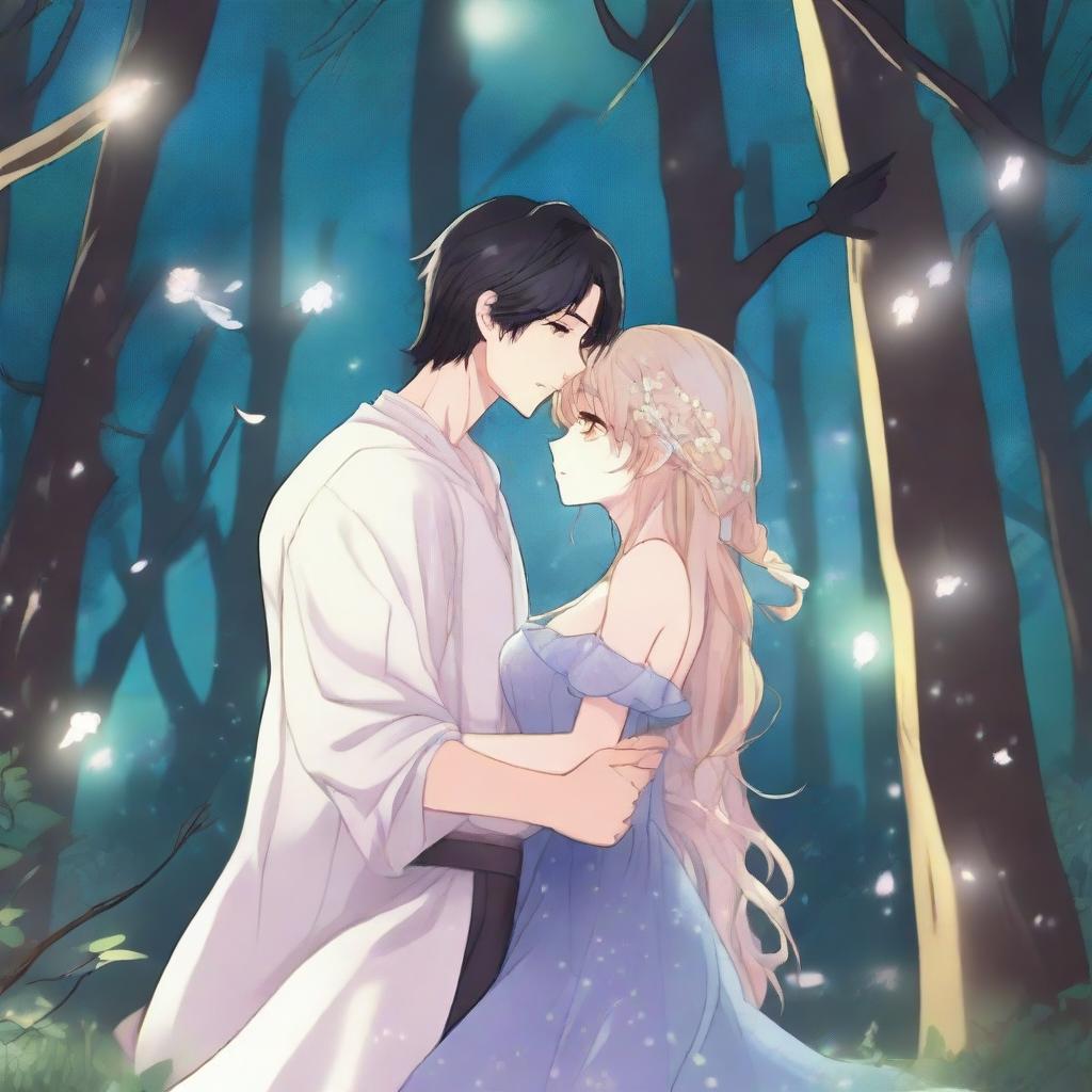 A cool fantasy manhwa romance scene featuring a dark-haired man and a light-haired woman