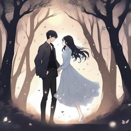 A dark fantasy manhwa romance scene featuring a dark-haired man and a light-haired woman floating in the air