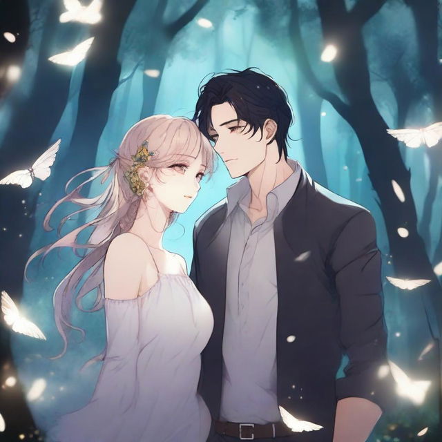 A dark fantasy manhwa romance scene featuring a dark-haired man and a light-haired woman floating in the air