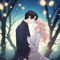 A dark fantasy manhwa romance scene featuring a dark-haired man and a light-haired woman floating in the air