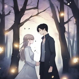 A dark fantasy manhwa romance scene featuring a dark-haired man and a light-haired woman floating in the air