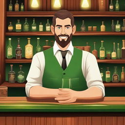 A human barkeeper with striking green eyes, standing behind a wooden bar counter