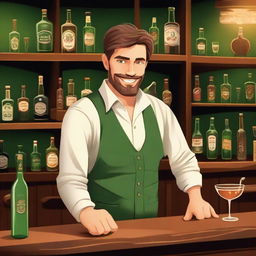 A human barkeeper with striking green eyes, standing behind a wooden bar counter