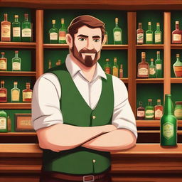 A human barkeeper with striking green eyes, standing behind a wooden bar counter