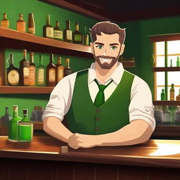 A human barkeeper with striking green eyes, standing behind a wooden bar counter