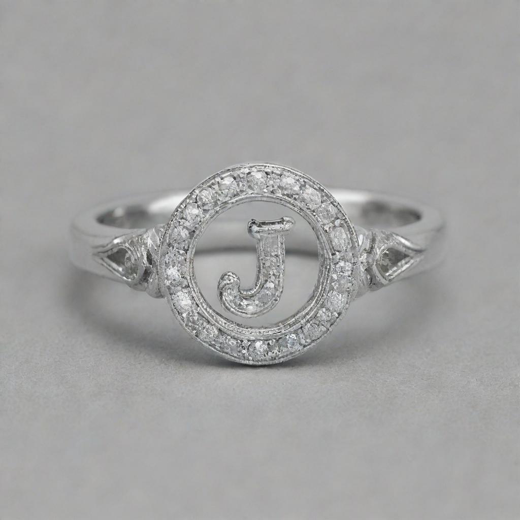 A silver ring adorned with a diamond, featuring the letter J etched into it. Another identical ring features the letter R instead.