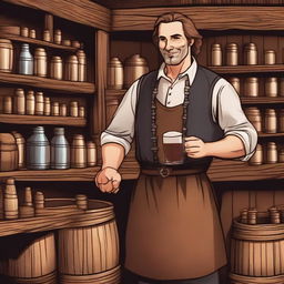 A detailed illustration of a male human barkeeper in a medieval tavern