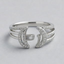A silver ring adorned with a diamond, featuring the letter J etched into it. Another identical ring features the letter R instead.