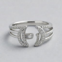 A silver ring adorned with a diamond, featuring the letter J etched into it. Another identical ring features the letter R instead.