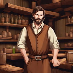 A detailed illustration of a male human barkeeper in a medieval tavern