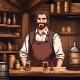 A detailed illustration of a male human barkeeper in a medieval tavern