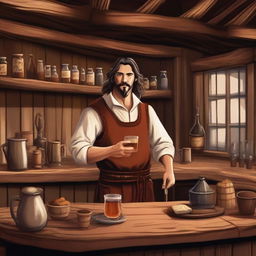 A detailed illustration of a male human barkeeper in a medieval tavern