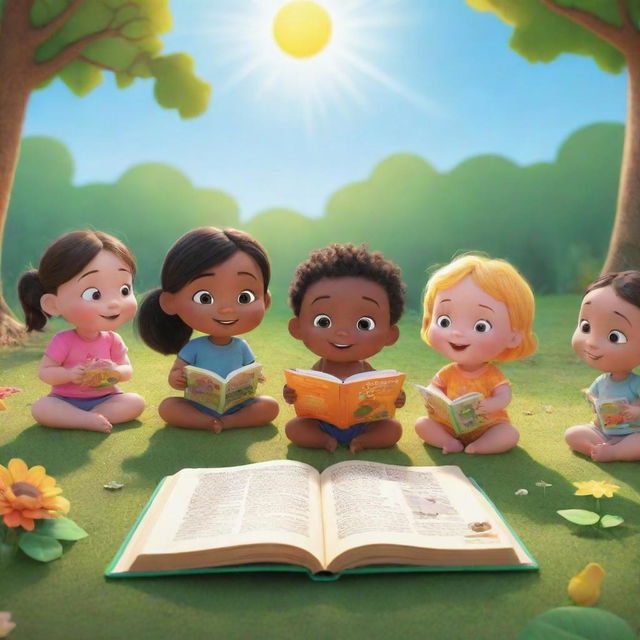 A scene from the animated series 'BrightBabyTales' brightly highlighted by the sun. Include children engaged in moral storytelling in a nature setting, with a colorful open book depicting the stories, and elements of the lessons becoming part of their surroundings.