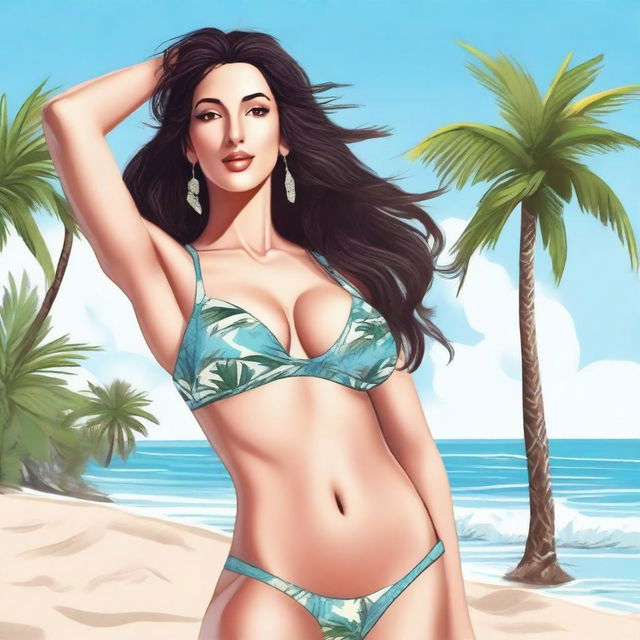 A detailed illustration of Nora Fatehi wearing a bikini, showcasing her in a stylish and glamorous pose on a beach