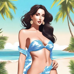 A detailed illustration of Nora Fatehi wearing a bikini, showcasing her in a stylish and glamorous pose on a beach