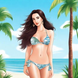 A detailed illustration of Nora Fatehi wearing a bikini, showcasing her in a stylish and glamorous pose on a beach