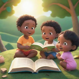 A scene from the animated series 'BrightBabyTales' brightly highlighted by the sun. Include children engaged in moral storytelling in a nature setting, with a colorful open book depicting the stories, and elements of the lessons becoming part of their surroundings.