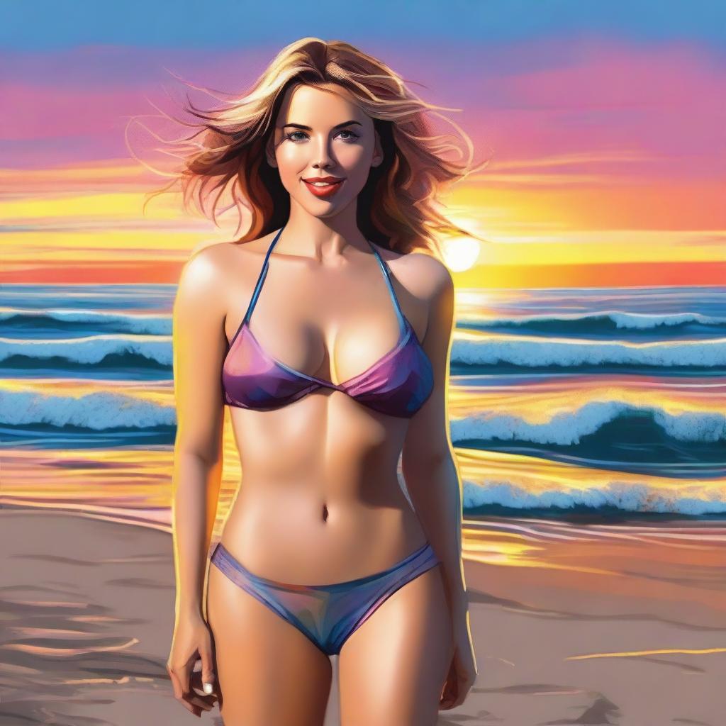 A realistic depiction of Scarlett Johansson wearing a bikini, standing on a beach with a beautiful ocean background