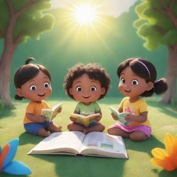 A scene from the animated series 'BrightBabyTales' brightly highlighted by the sun. Include children engaged in moral storytelling in a nature setting, with a colorful open book depicting the stories, and elements of the lessons becoming part of their surroundings.