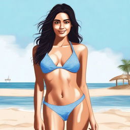 A detailed and artistic illustration of Tripti Dimri wearing a bikini at the beach