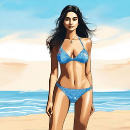 A detailed and artistic illustration of Tripti Dimri wearing a bikini at the beach