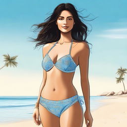 A detailed and artistic illustration of Tripti Dimri wearing a bikini at the beach