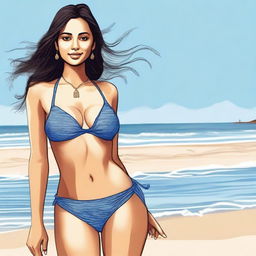 A detailed and artistic illustration of Tripti Dimri wearing a bikini at the beach