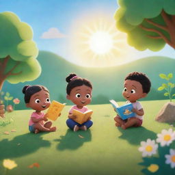 A scene from the animated series 'BrightBabyTales' brightly highlighted by the sun. Include children engaged in moral storytelling in a nature setting, with a colorful open book depicting the stories, and elements of the lessons becoming part of their surroundings.