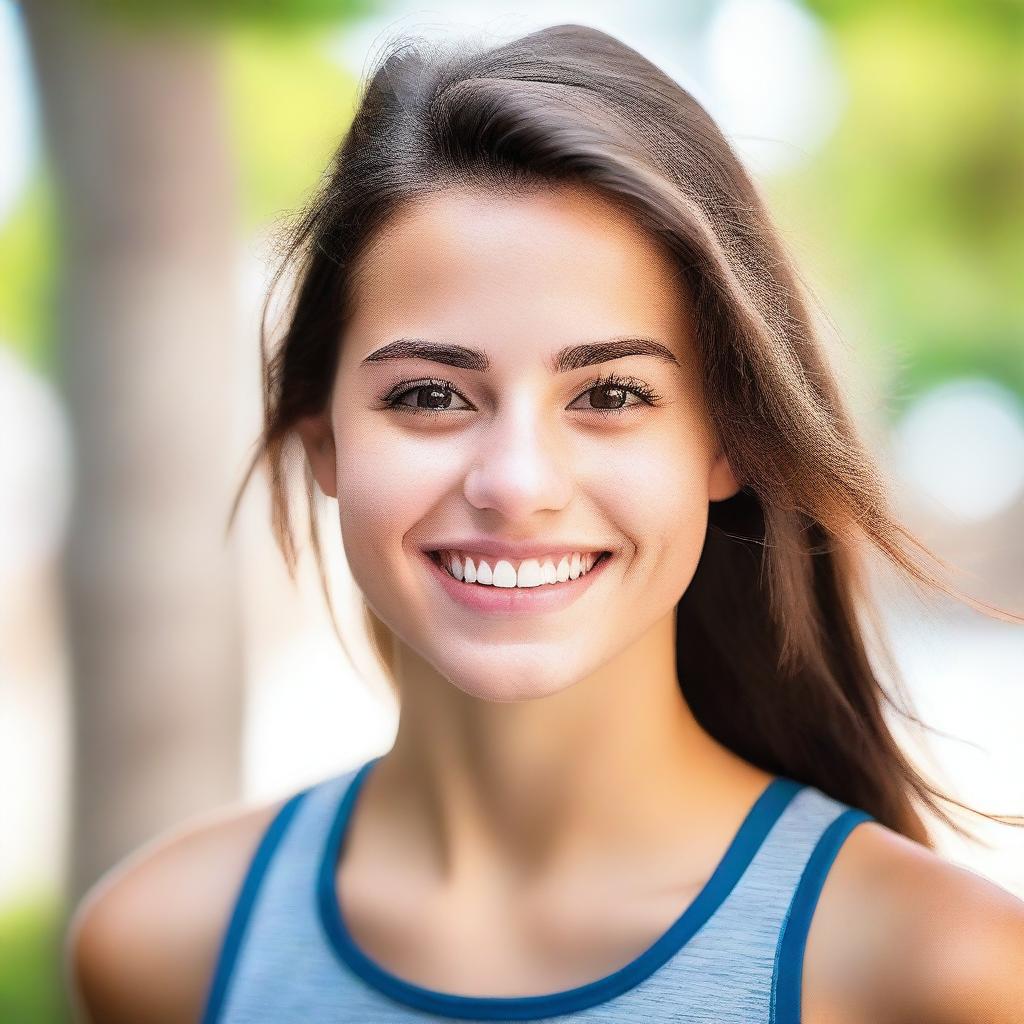 An 18-year-old athletic brunette with brown eyes, smiling warmly and looking in love