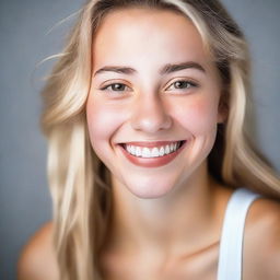 An 18-year-old athletic young woman with either blonde or brunette hair and brown eyes, smiling warmly and looking in love