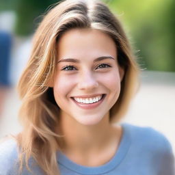 An 18-year-old athletic young woman with either blonde or brunette hair and brown eyes, smiling warmly and looking in love