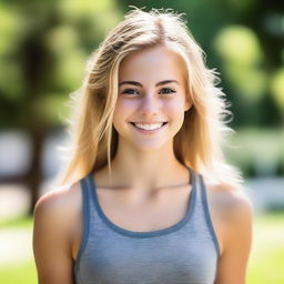 An 18-year-old athletic young woman with either blonde or brunette hair and brown eyes, smiling warmly and looking in love