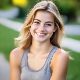 An 18-year-old athletic young woman with either blonde or brunette hair and brown eyes, smiling warmly and looking in love