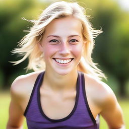 A vibrant image of an athletic blond 18-year-old girl with brown eyes, smiling brightly