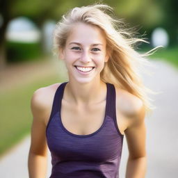 A vibrant image of an athletic blond 18-year-old girl with brown eyes, smiling brightly