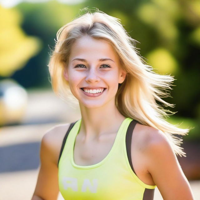 A vibrant image of an athletic blond 18-year-old girl with brown eyes, smiling brightly