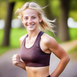 A vibrant image of an athletic blond 18-year-old girl with brown eyes, smiling brightly