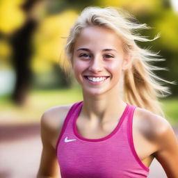 A vibrant image of an athletic and cute blond 18-year-old girl with brown eyes, smiling brightly