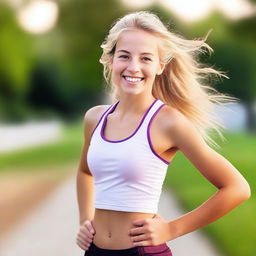 A vibrant image of an athletic and cute blond 18-year-old girl with brown eyes, smiling brightly