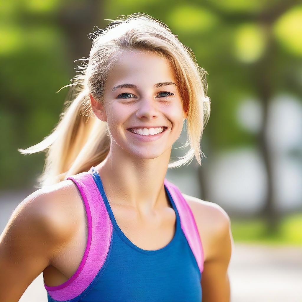 A vibrant image of an athletic and cute blond 18-year-old girl with brown eyes, smiling brightly