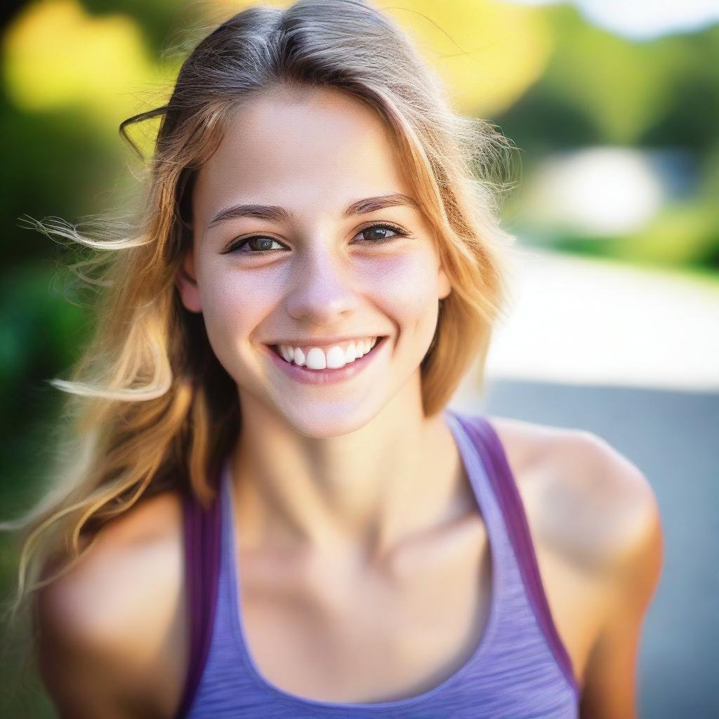 A vibrant image of an athletic and cute 18-year-old girl with brown eyes, smiling brightly