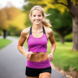 A vibrant image of an athletic and cute 18-year-old girl with brown eyes, smiling brightly