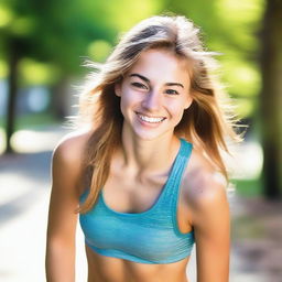 A vibrant image of an athletic and cute 18-year-old girl with brown eyes, smiling brightly