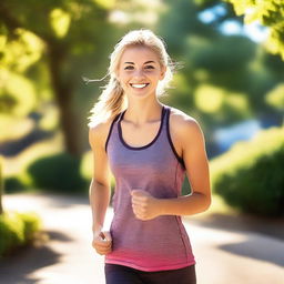 A young, athletic woman with blonde hair and brown eyes, around 18 years old, smiling and looking in love